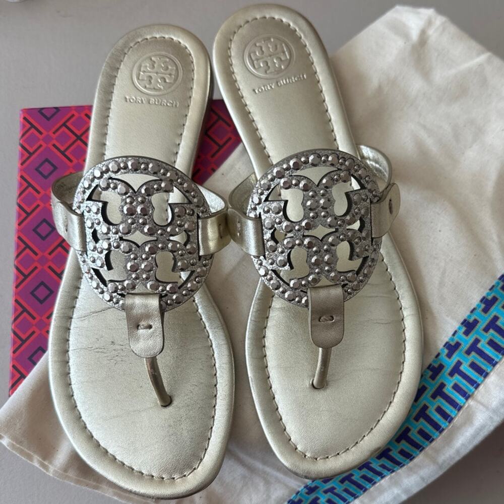 Tory Burch Miller Embellished Sandals Spark Gold 7.5 Metallic Thong - Picture 3 of 12